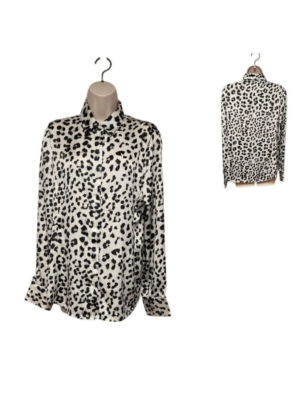 Ann Taylor Loft Leopard Print Button Down Long Sleeve Blouse Size 10 Black/Cream